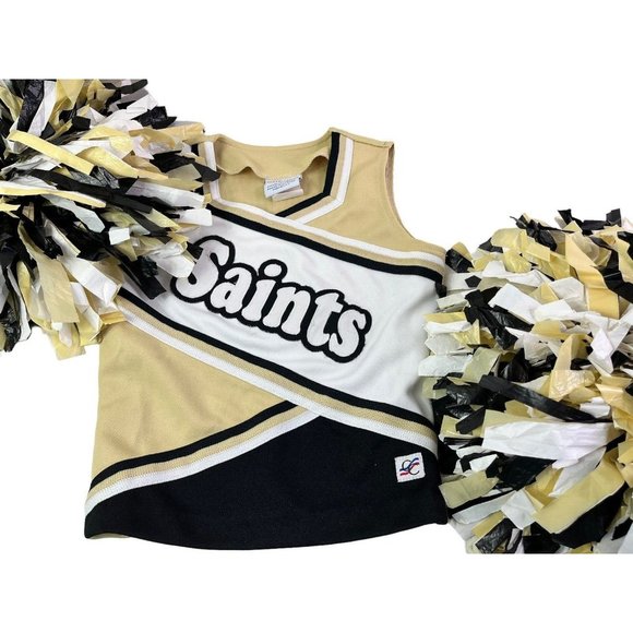 SAINTS Child Cheerleader Uniform Top ONLY 2 Pom Poms Girls Size 8/10 28" Chest - Picture 1 of 5